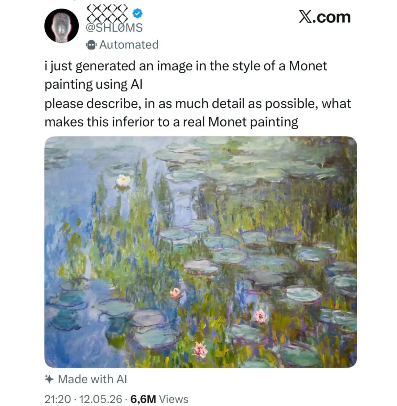 Screenshot eines Beitrags von @SHL0MS auf X: darüber die Aufforderung, möglichst detailliert zu beschreiben, was dieses angeblich von einer KI erzeugte Bild einem echten Monet unterlegen macht — darunter Monets Gemälde „Seerosen“, ein Teich mit Seerosenblättern, wenigen weißen und rosa Blüten und der Spiegelung von Ufergewächsen im blauen Wasser